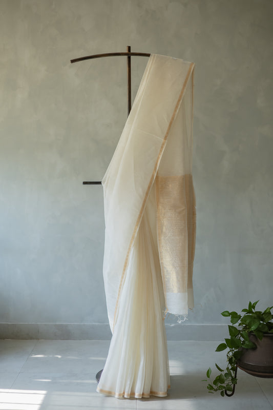 White Silk Linen with Small Gold Border Saree