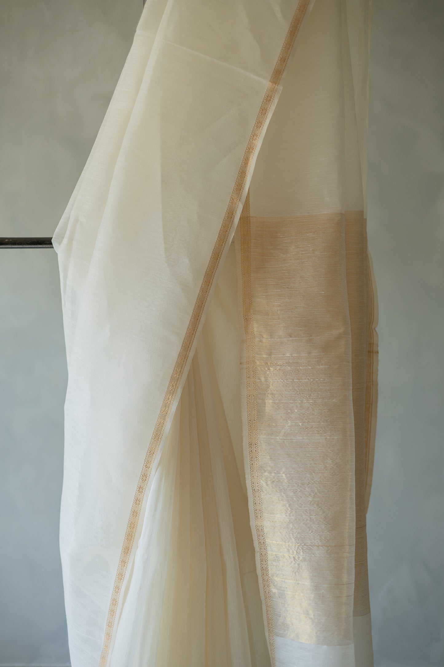 White Silk Linen with Small Gold Border Saree