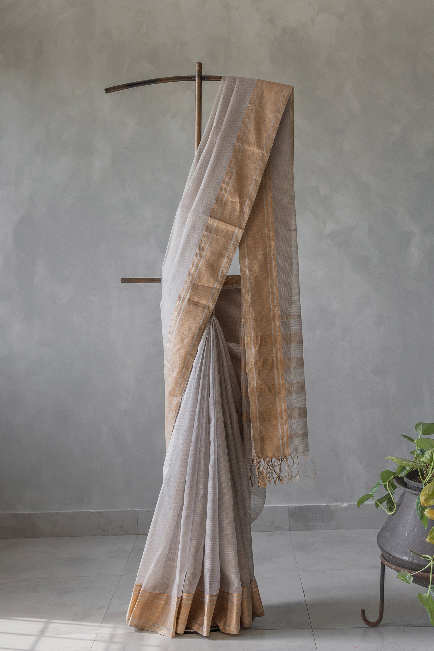 Grey Silk Tissue with Gold border  with Kota Weave Saree