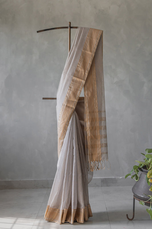 Grey Silk Tissue with Gold border  with Kota Weave Saree