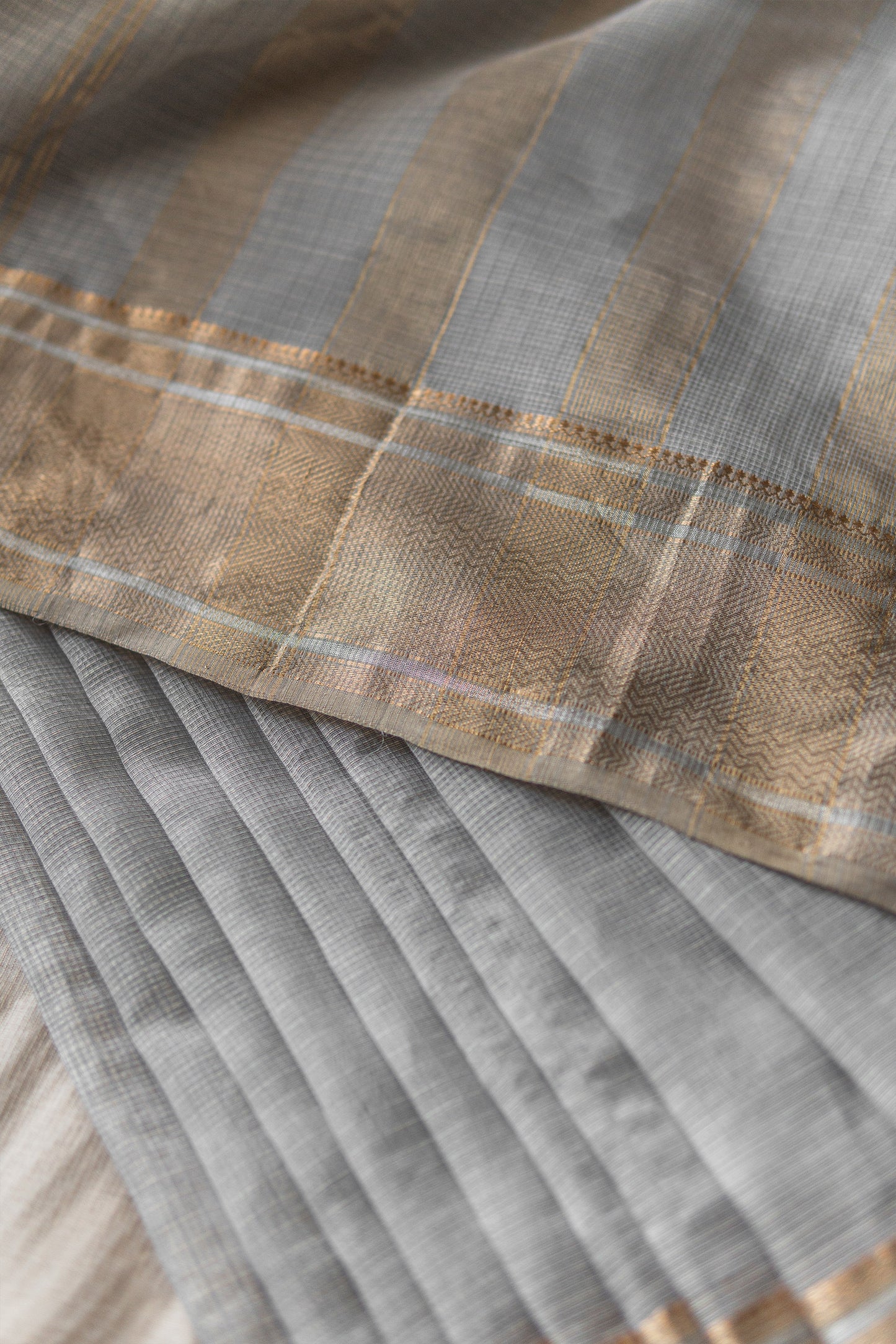 Grey Silk Tissue with Gold border  with Kota Weave Saree