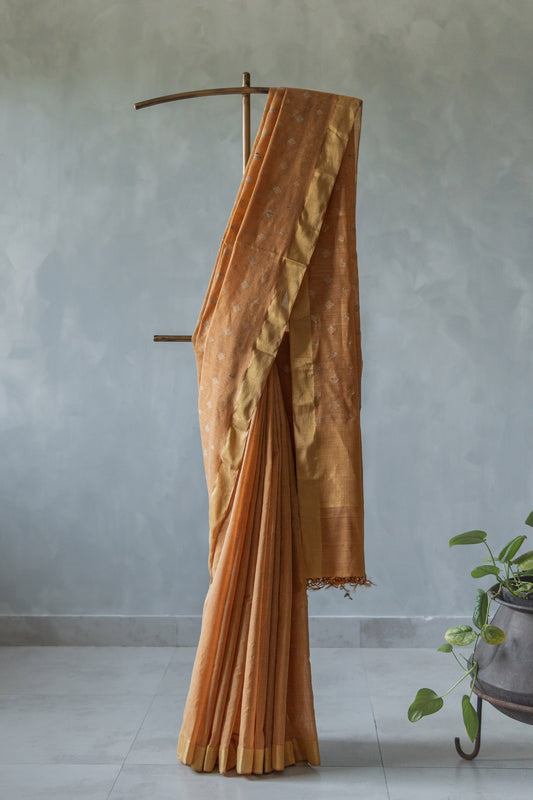 Sandal Tussar Silk Cotton with Diamond Motif Saree