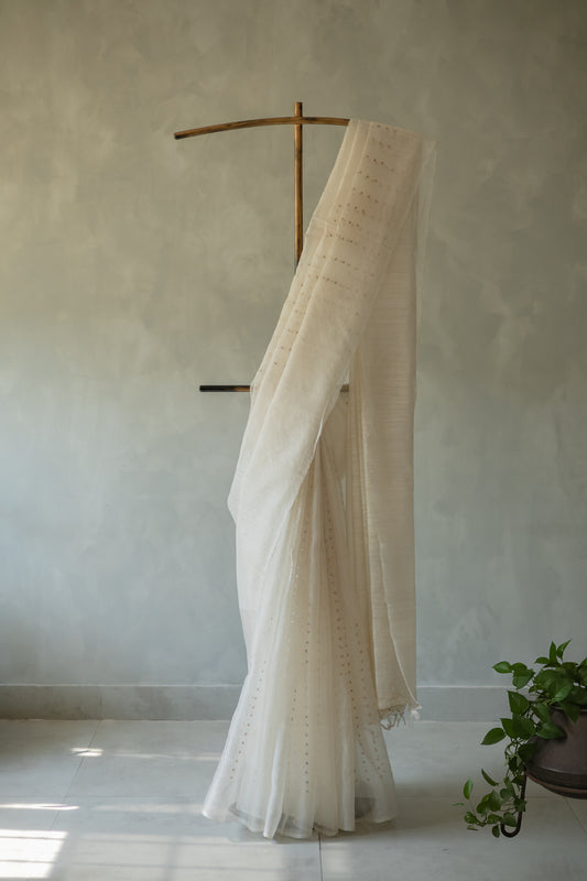 Off White Tissue Linen with Silver and Gold Sequins Saree