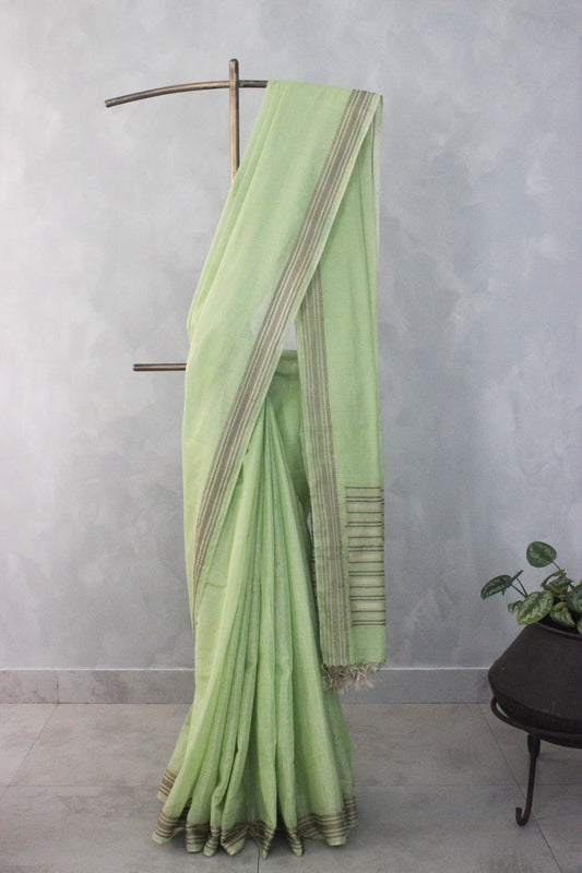 Light Green Silk Tissue with Dobby Border Saree
