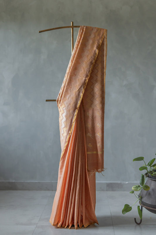 Golden Peach Tissue Silk Cotton  with Zigzag Jala Pallu Saree