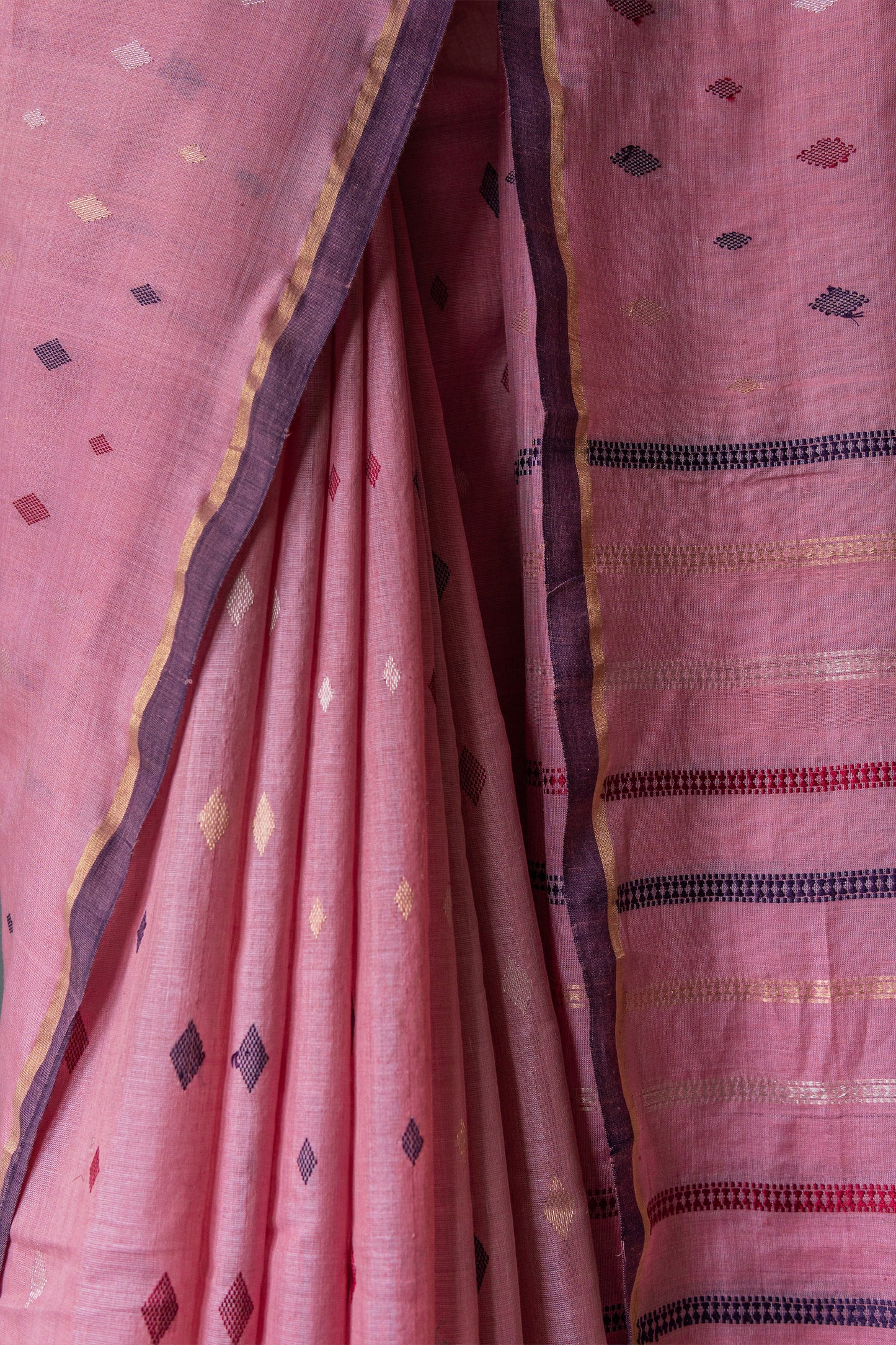 Pink Cotton with Multicolour Diamond Motif Body Saree