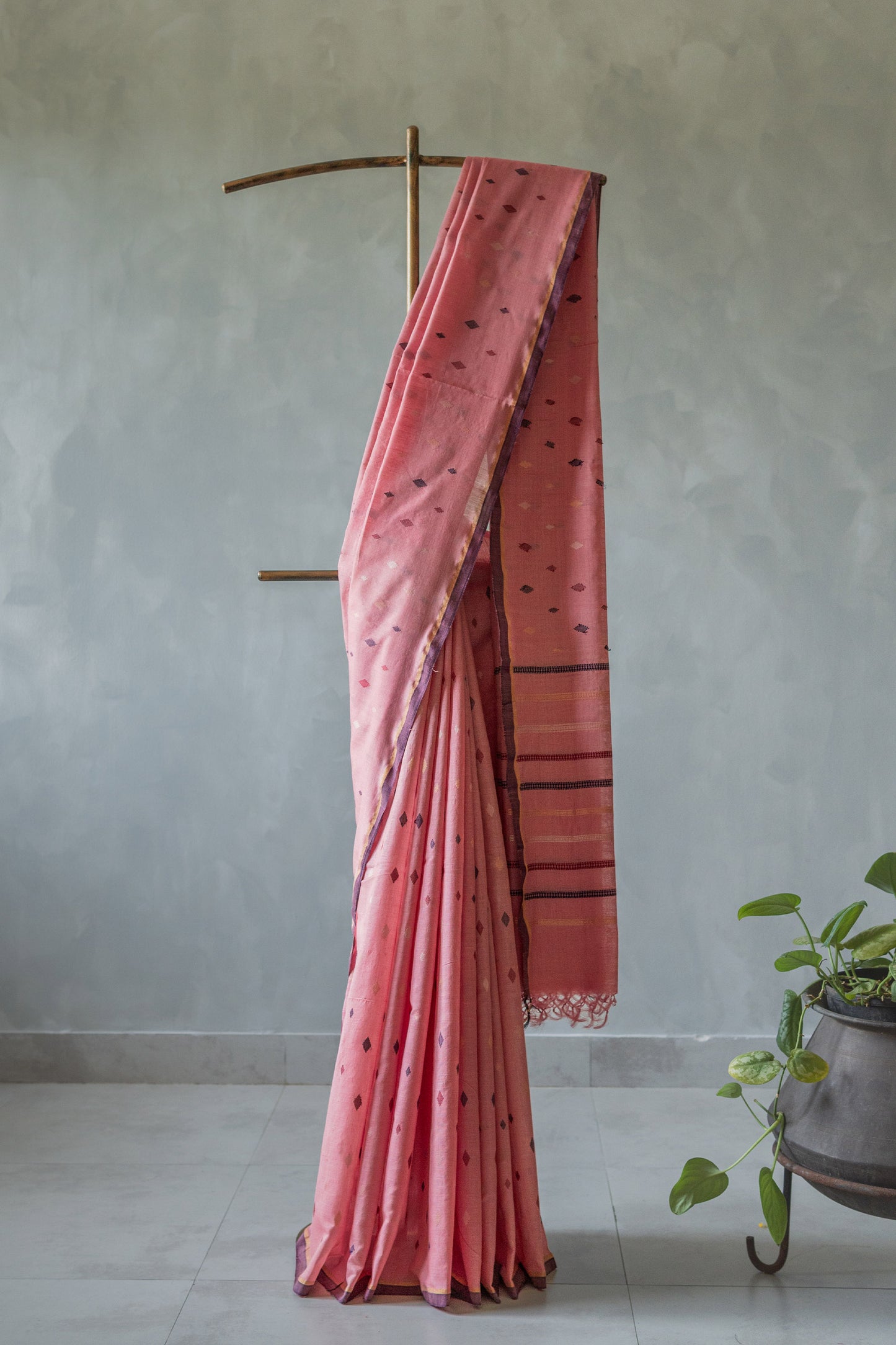 Pink Cotton with Multicolour Diamond Motif Body Saree
