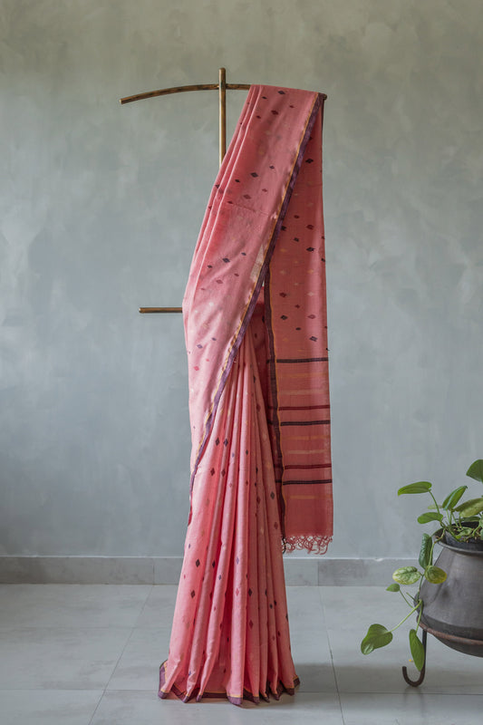 Pink Cotton with Multicolour Diamond Motif Body Saree