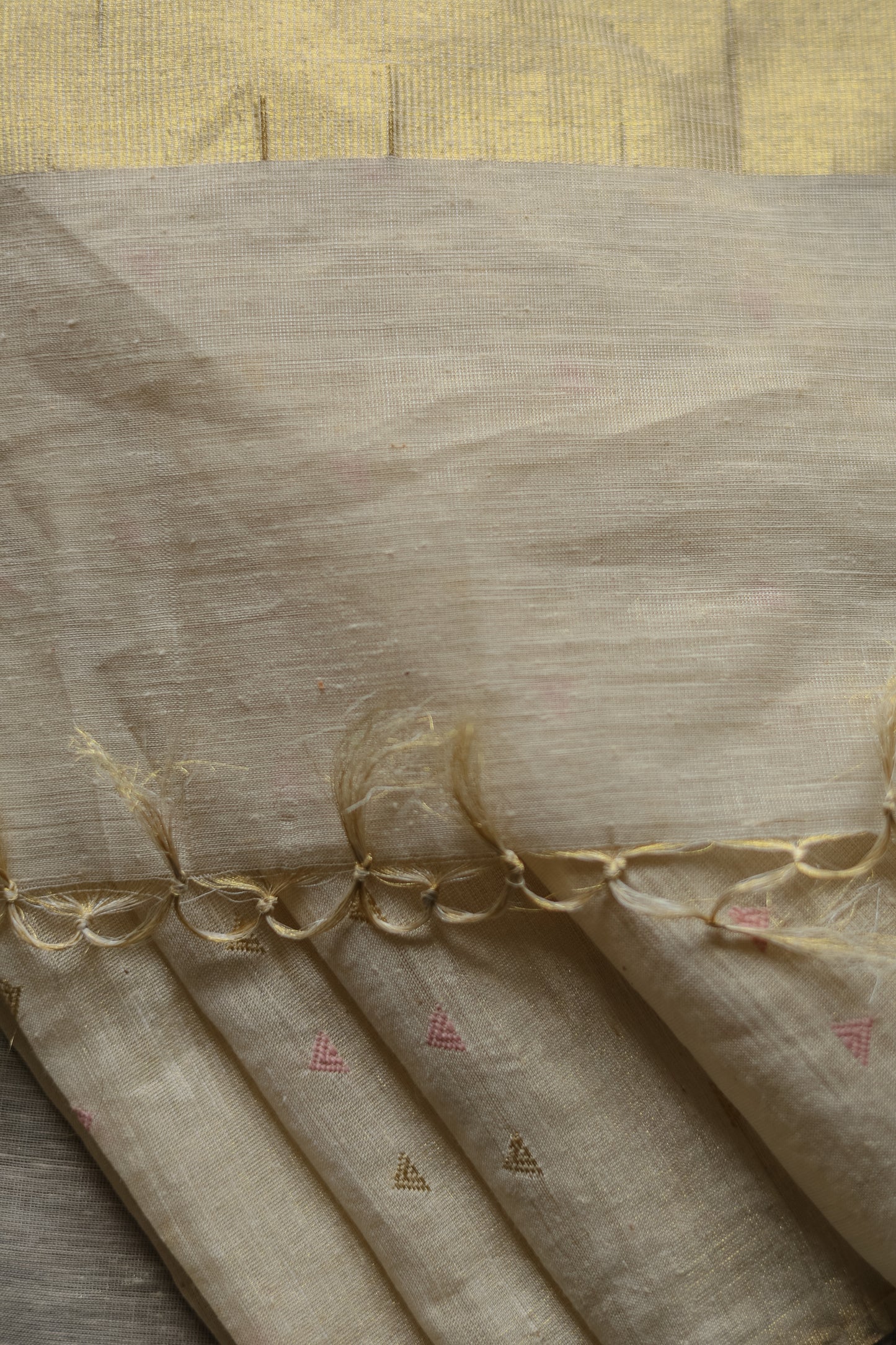 Off White Tussar with Pink and Gold Triangle Woven Motif Saree