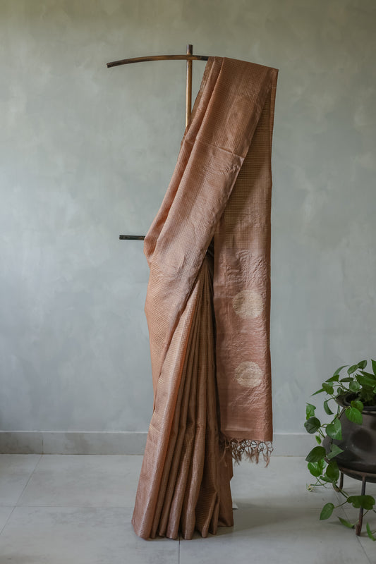 Brown Tussar with Gold Zari All Over with Round Motif Saree