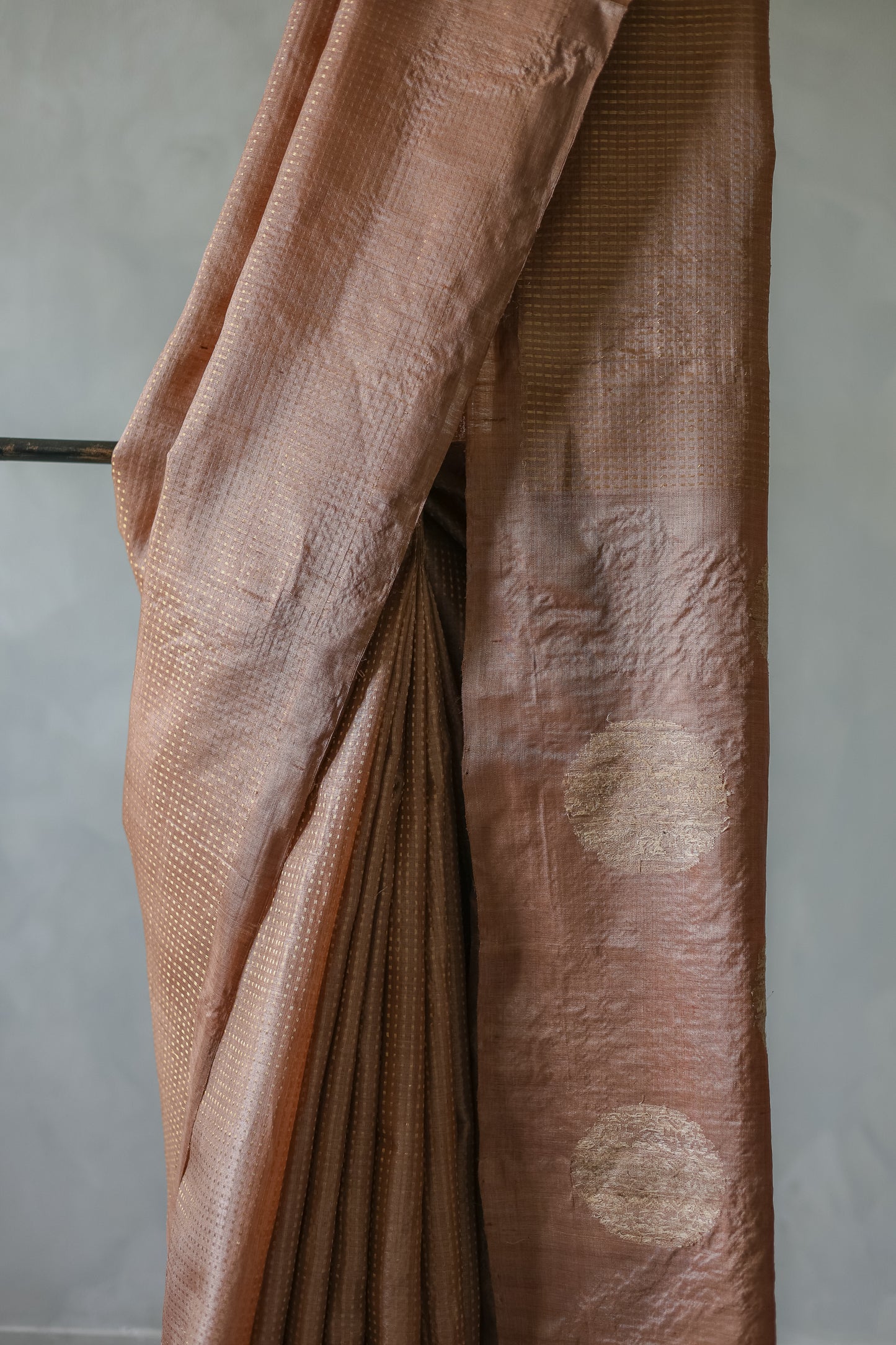 Brown Tussar with Gold Zari All Over with Round Motif Saree