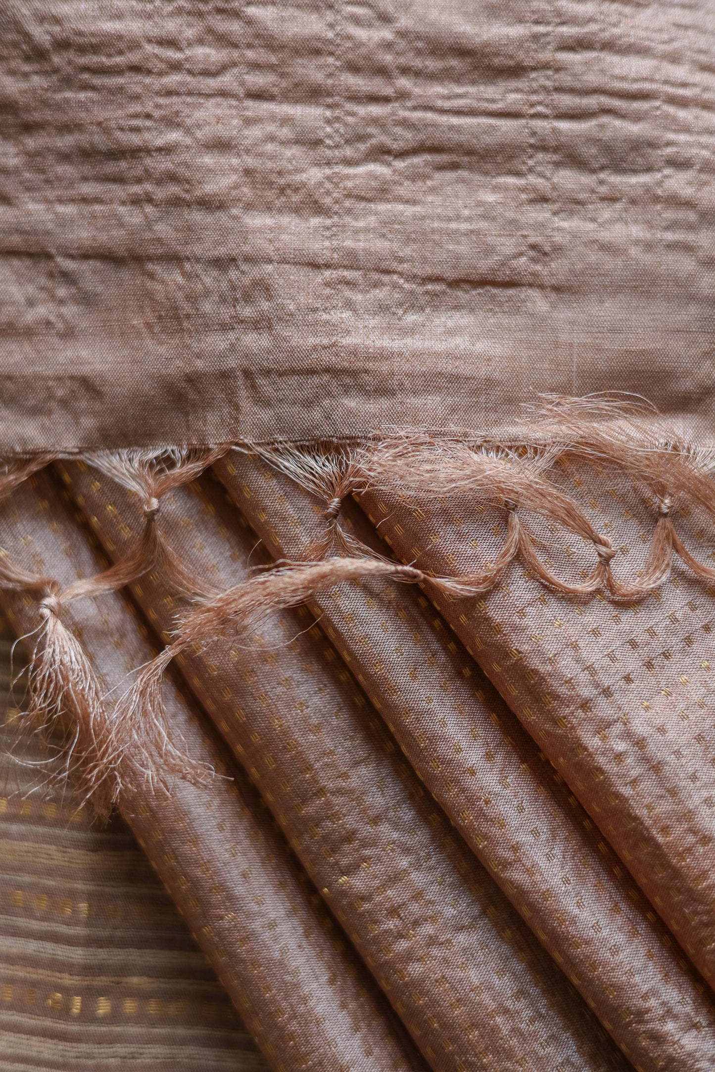 Brown Tussar with Gold Zari All Over with Round Motif Saree