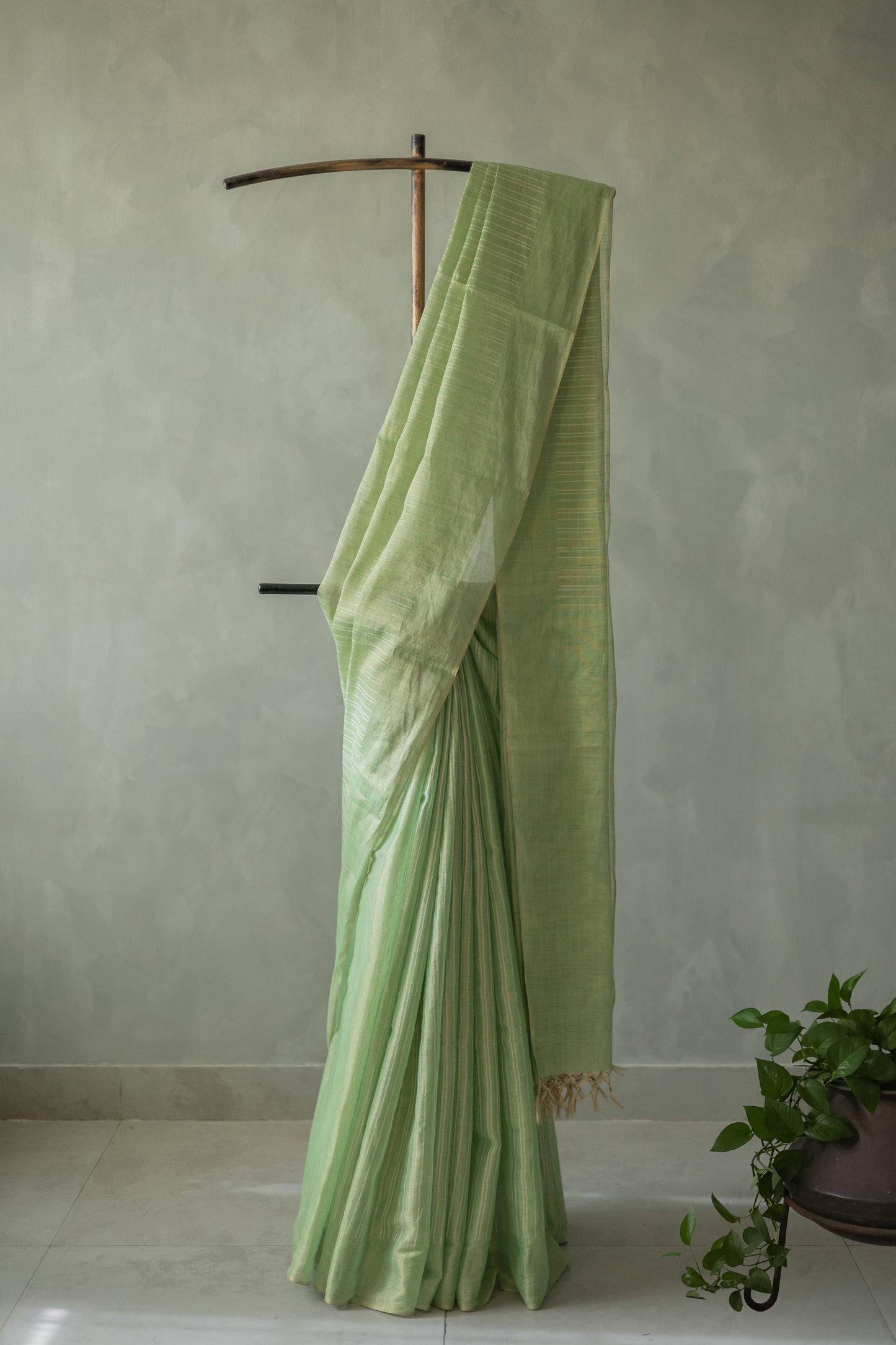 Light Green Tussar Handspun Tissue All Over Striped Saree