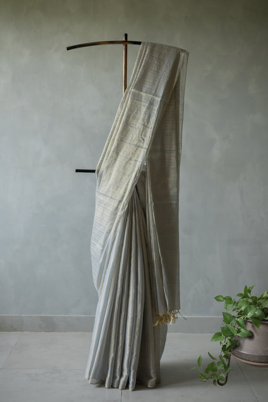 Grey Tussar Handspun Tissue All Over Striped Saree