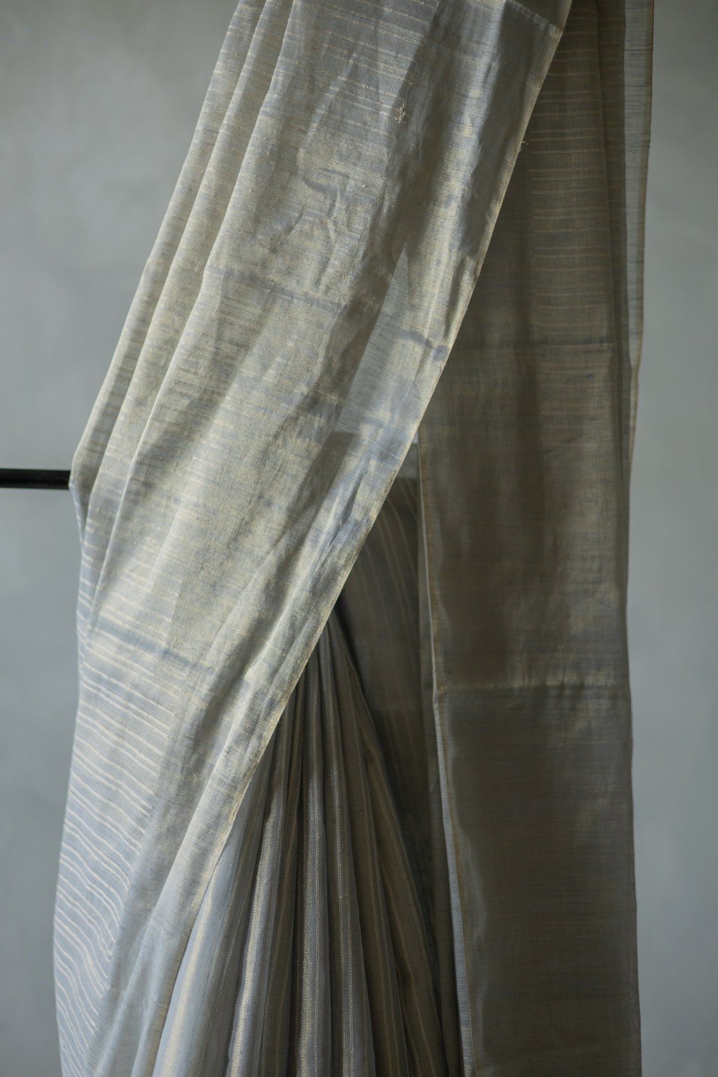 Grey Tussar Handspun Tissue All Over Striped Saree