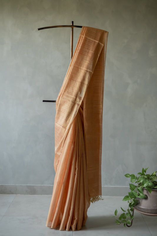 Light Brown Tussar Handspun Tissue All Over Striped Saree