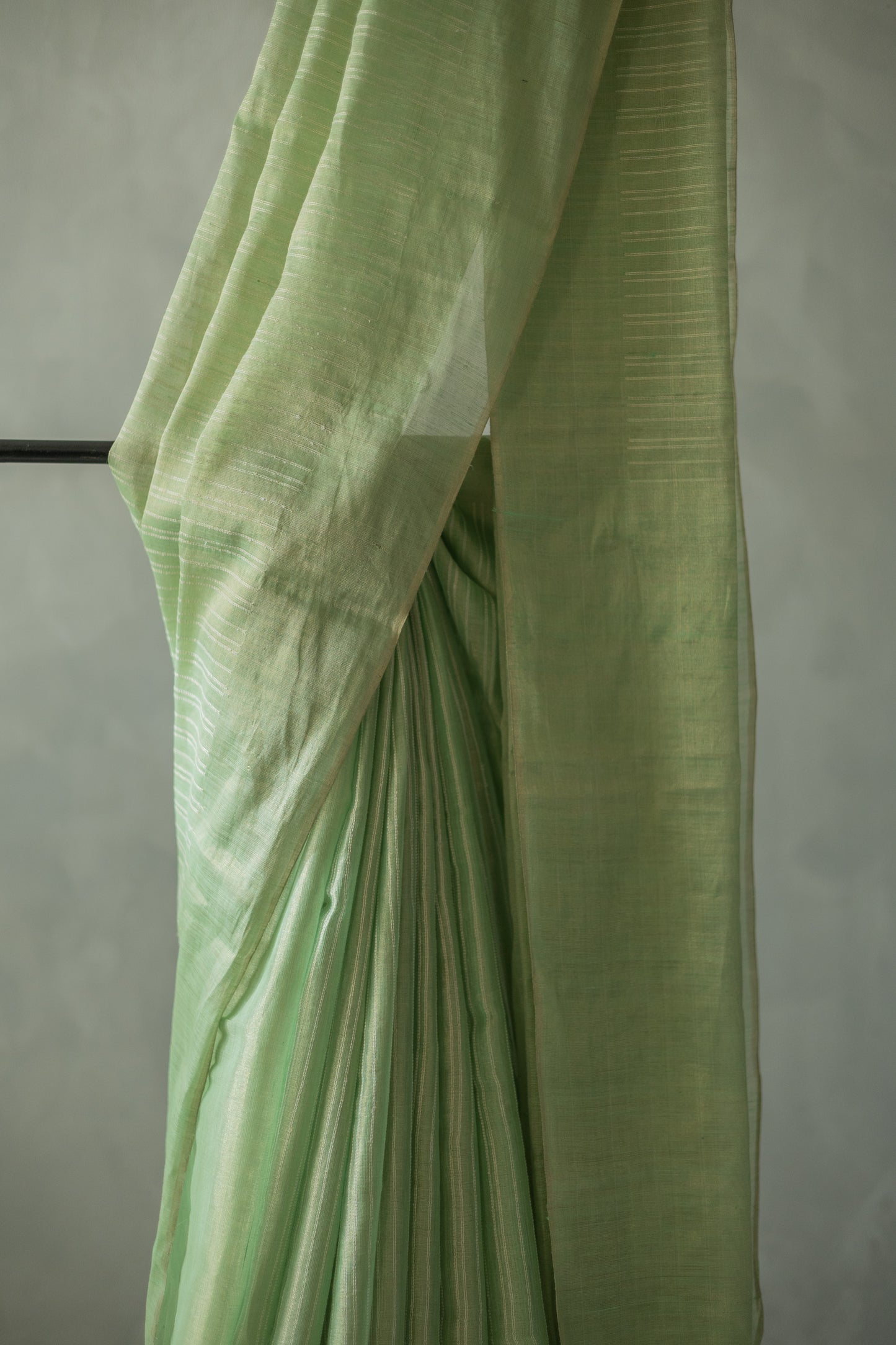 Light Green Tussar Handspun Tissue All Over Striped Saree