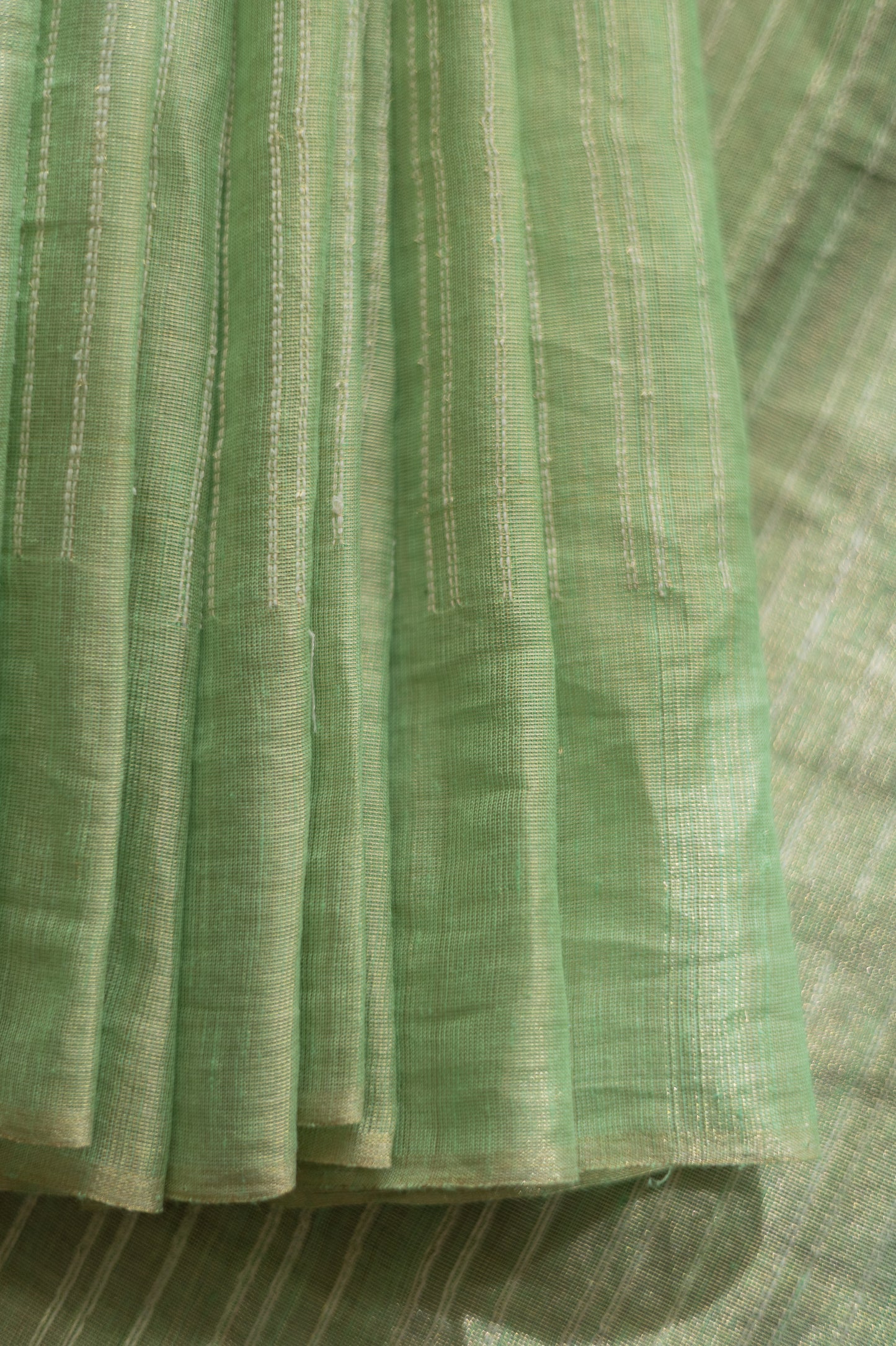 Light Green Tussar Handspun Tissue All Over Striped Saree