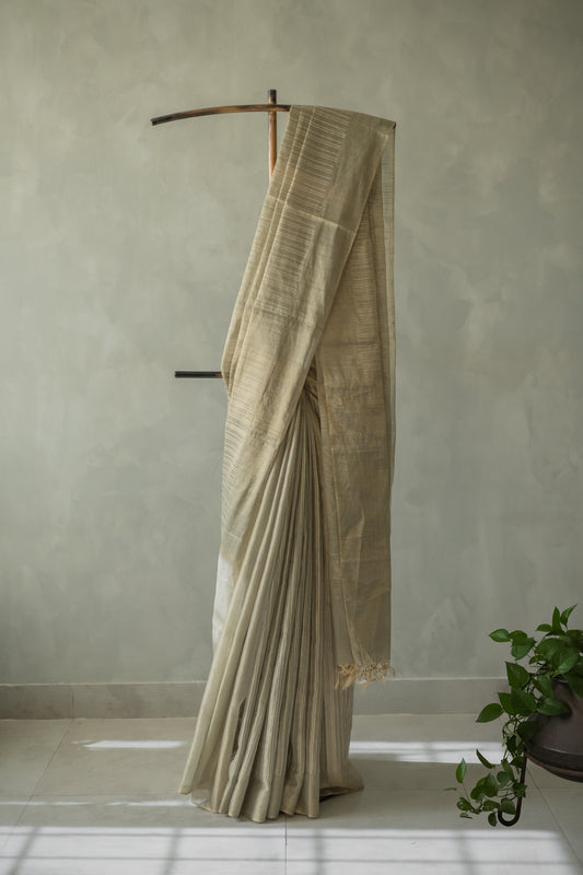 Light Grey Tussar Handspun Tissue All Over Striped Saree