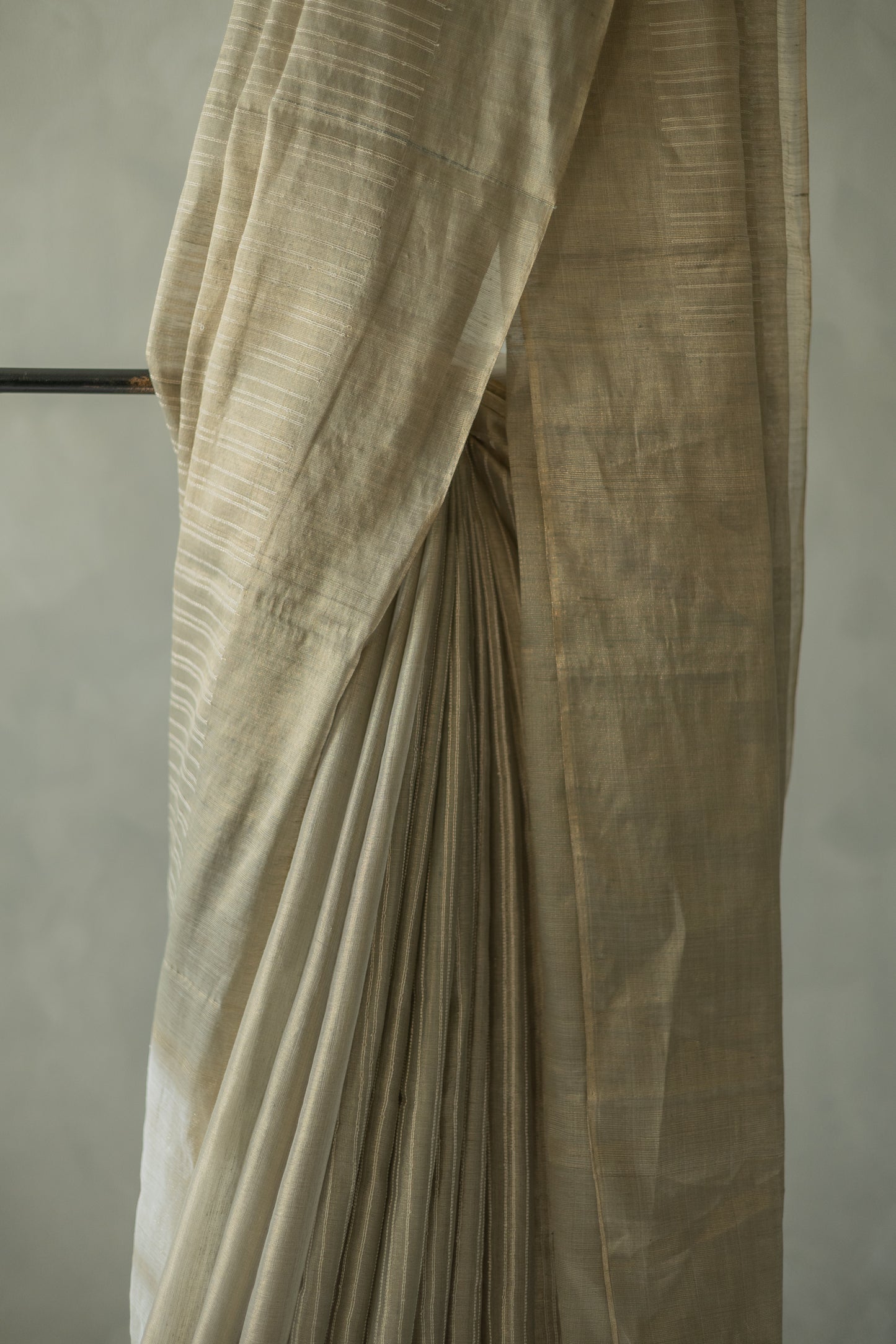 Light Grey Tussar Handspun Tissue All Over Striped Saree