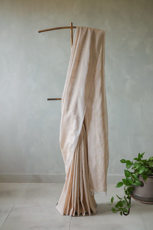 Beige Tussar Linen All Over Big Checks Saree