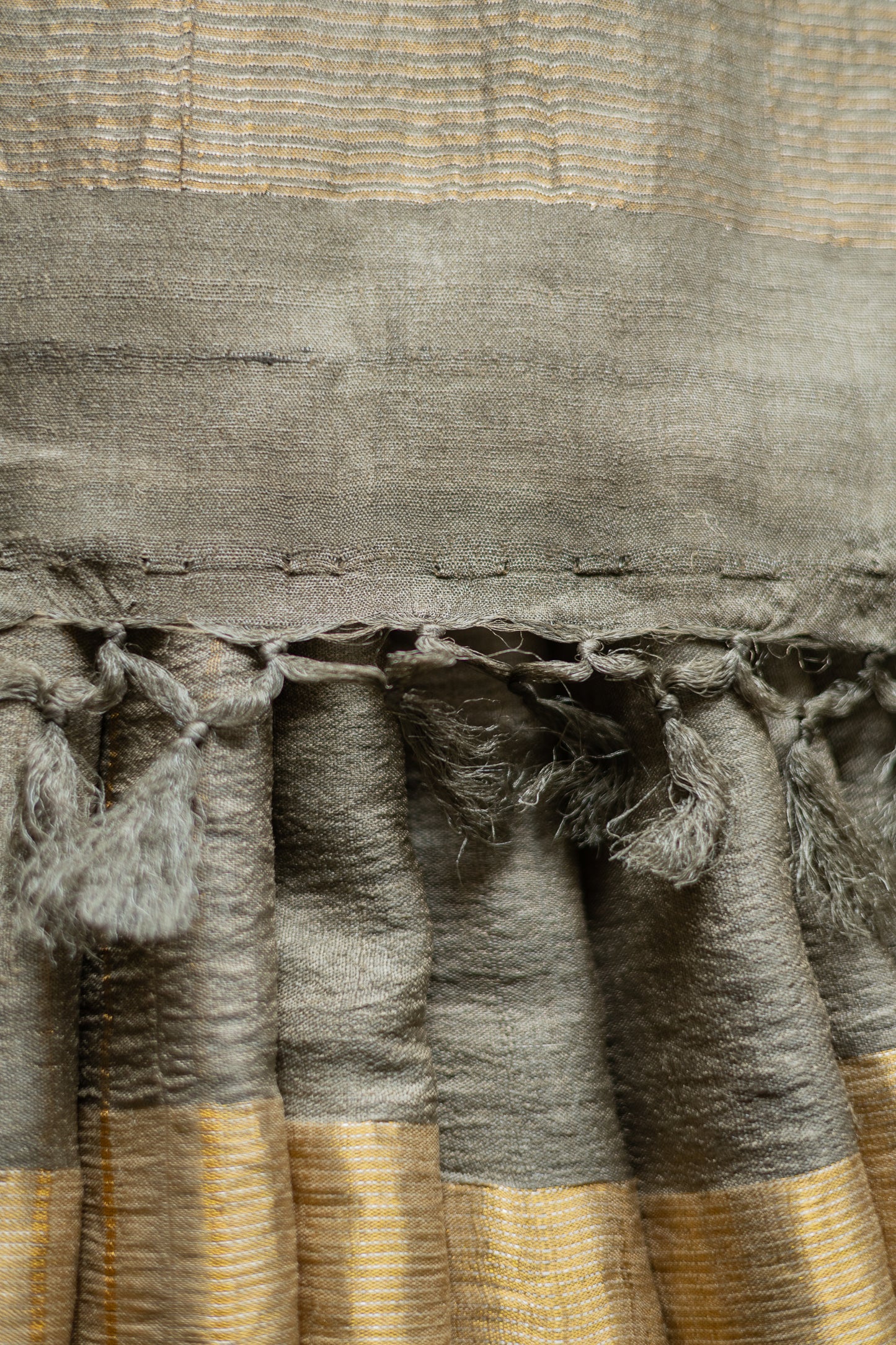 Grey Tussar Muga with Gold Border Saree
