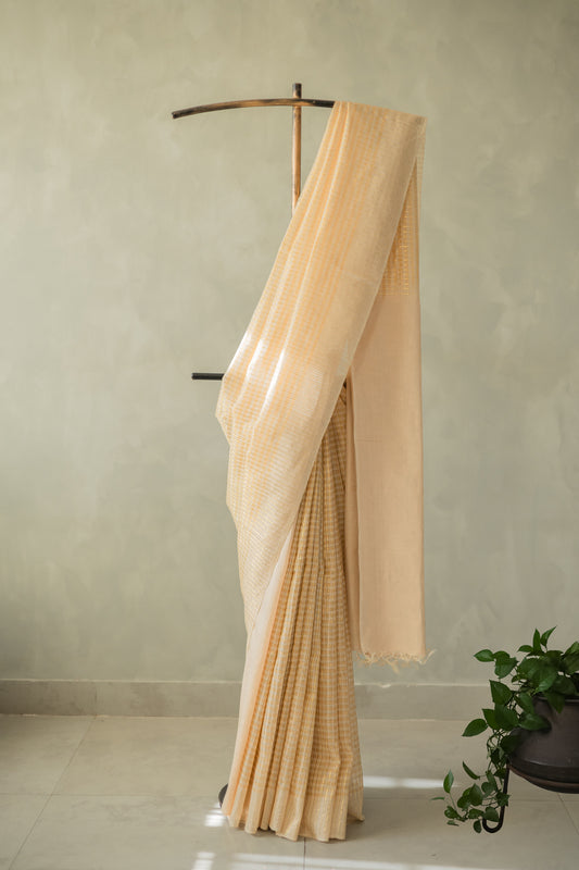 Gold and Beige Tussar Muga All Over Checked Saree