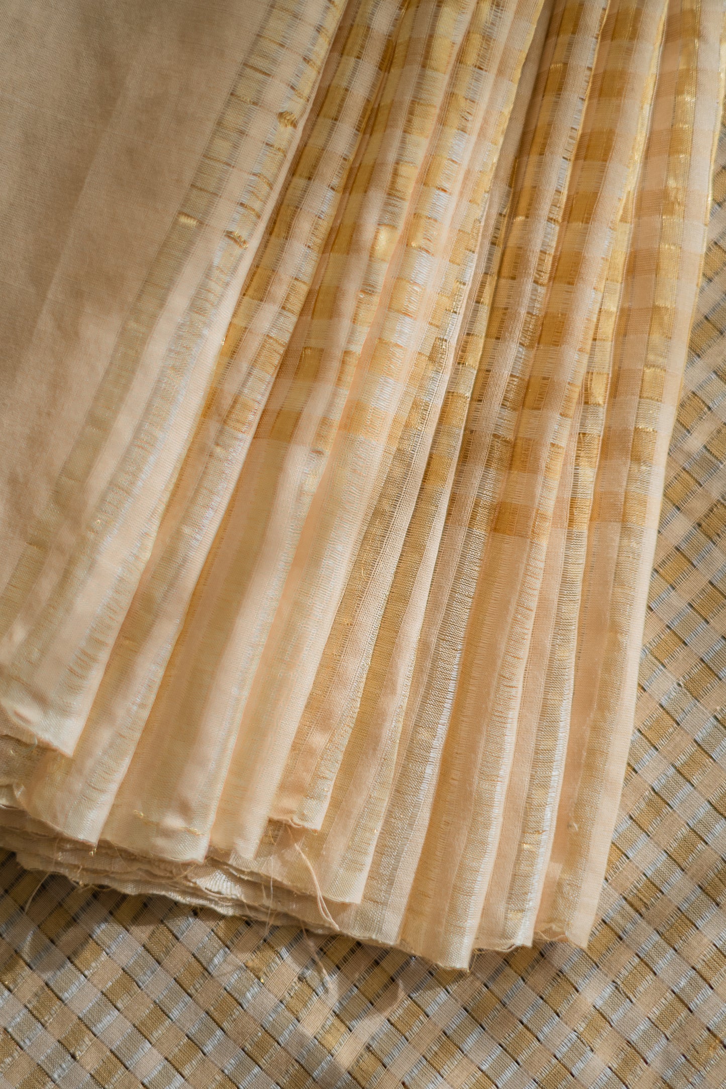 Gold and Beige Tussar Muga All Over Checked Saree