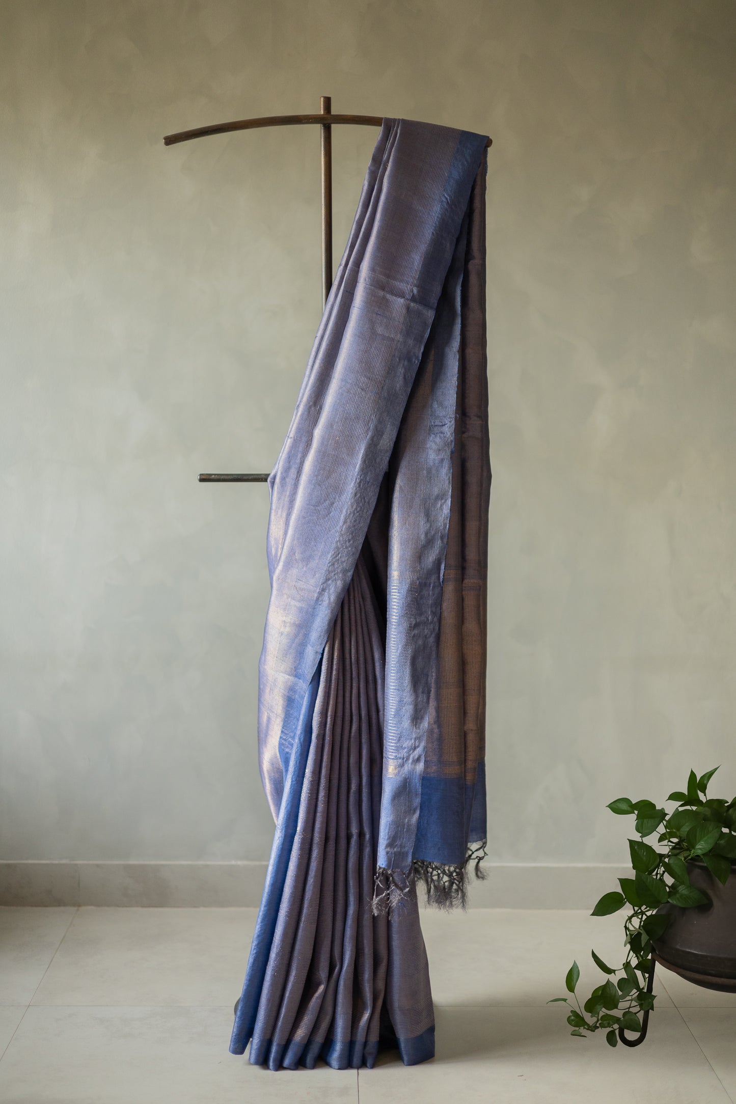 Dark Blue Tussar Muga with All Over Gold Zari Saree