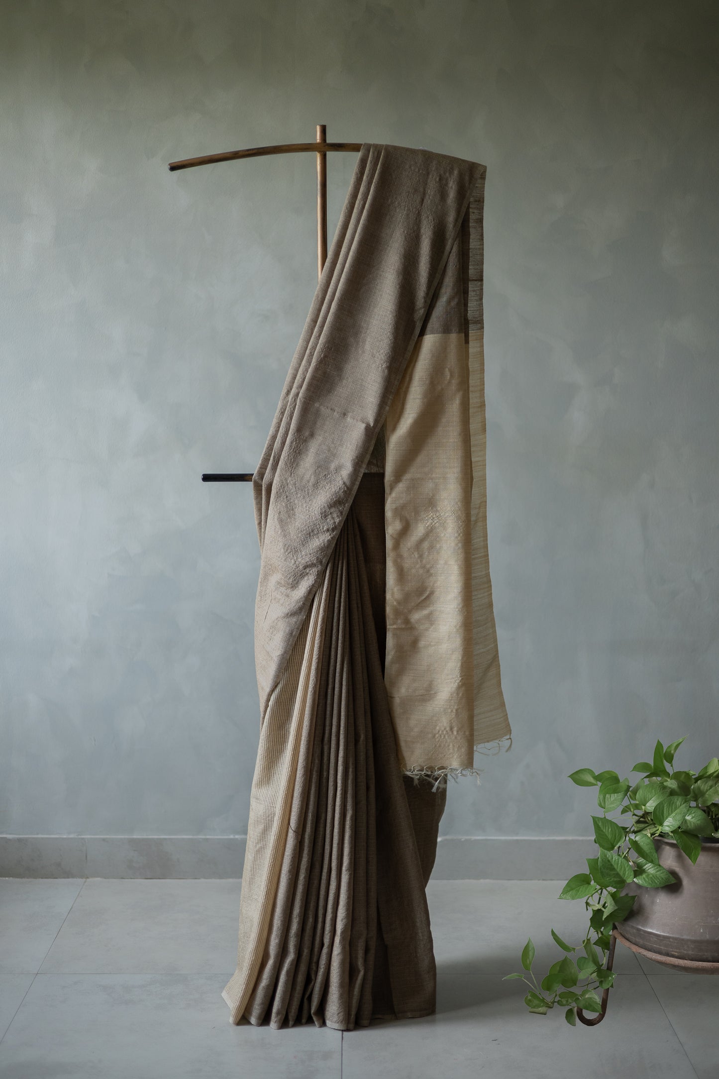 Dark Brown Tussar Muga with Beige Pallu Saree