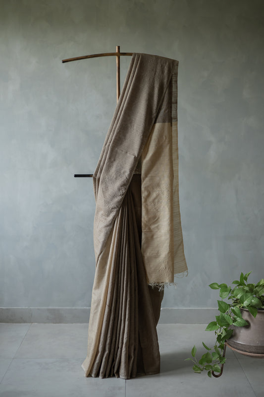Dark Brown Tussar Muga with Beige Pallu Saree