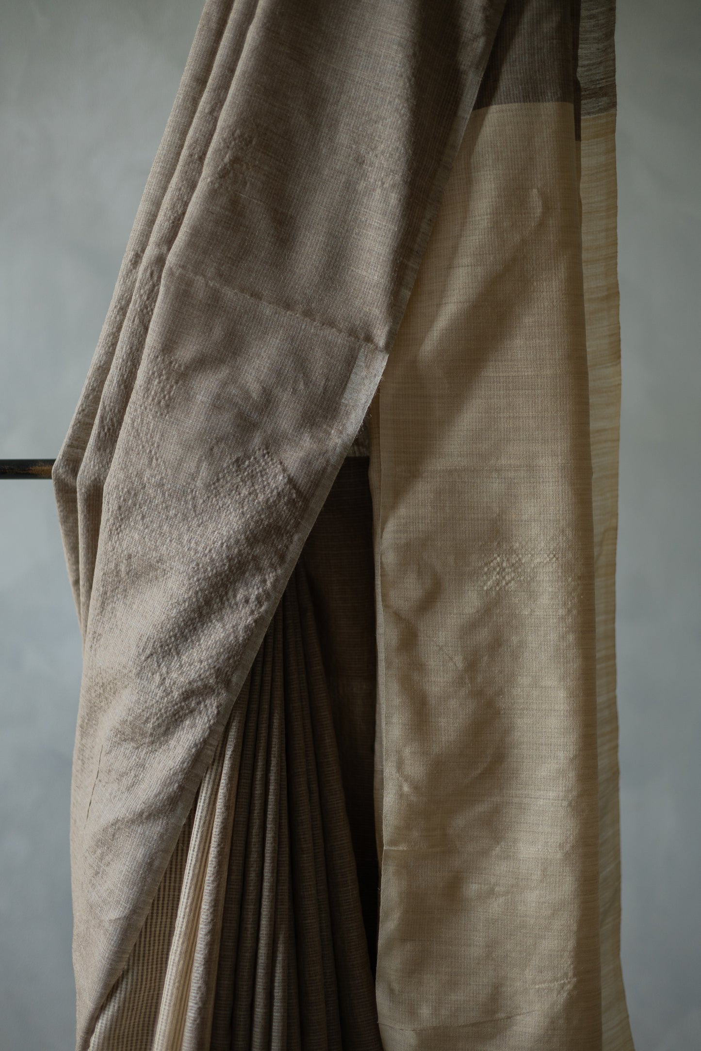 Dark Brown Tussar Muga with Beige Pallu Saree