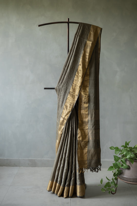Grey Tussar Muga with Gold Border Saree