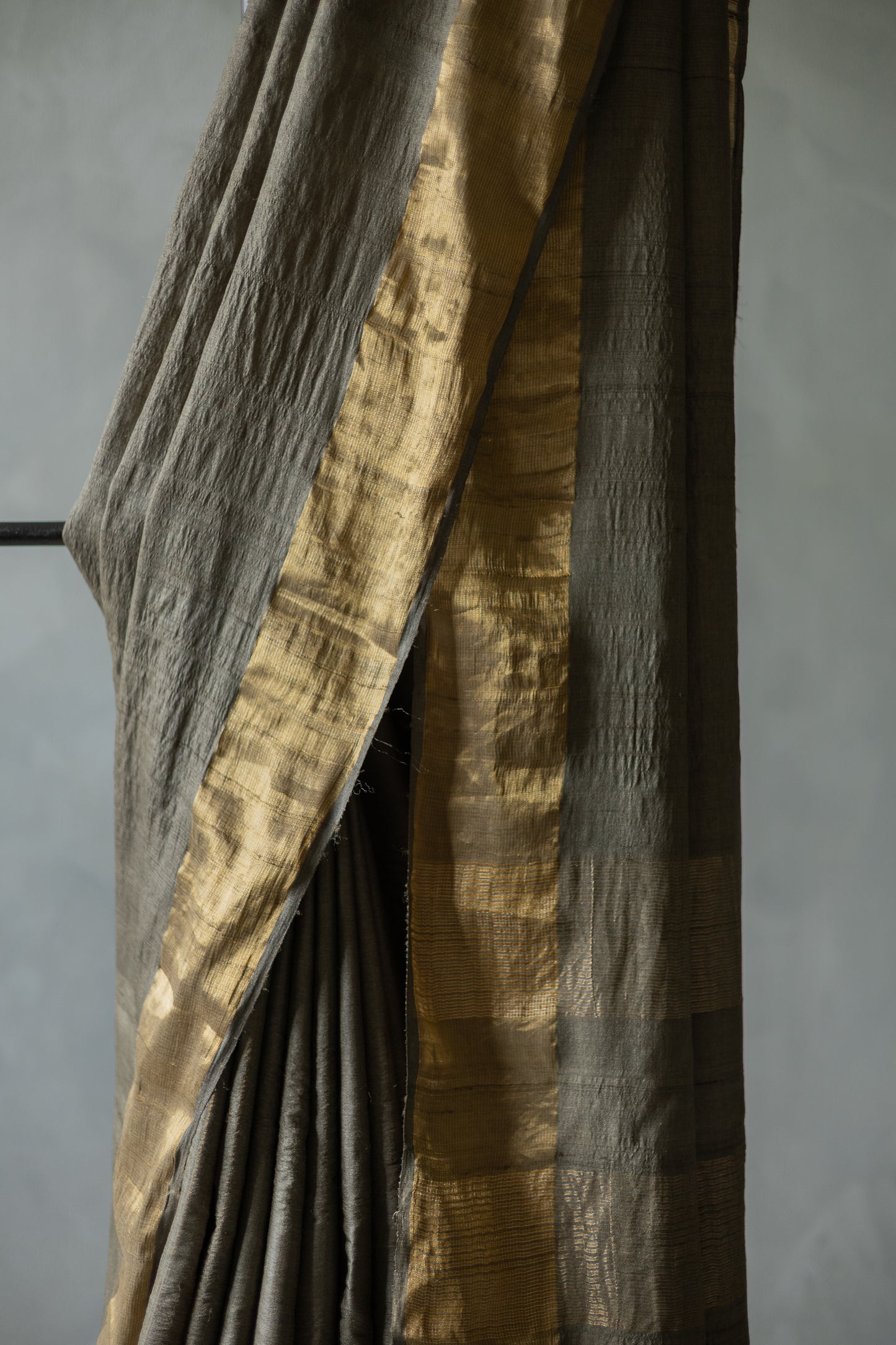 Grey Tussar Muga with Gold Border Saree
