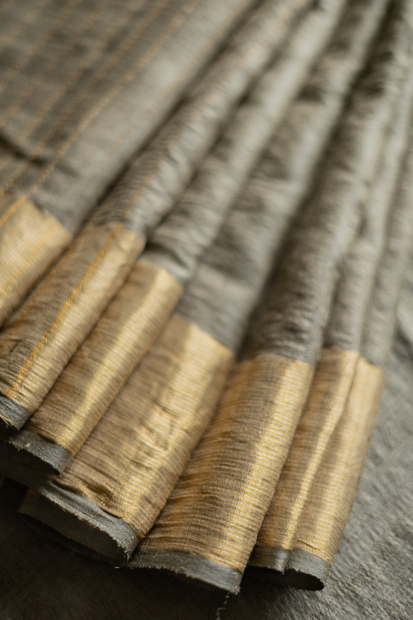 Grey Tussar Muga with Gold Border Saree