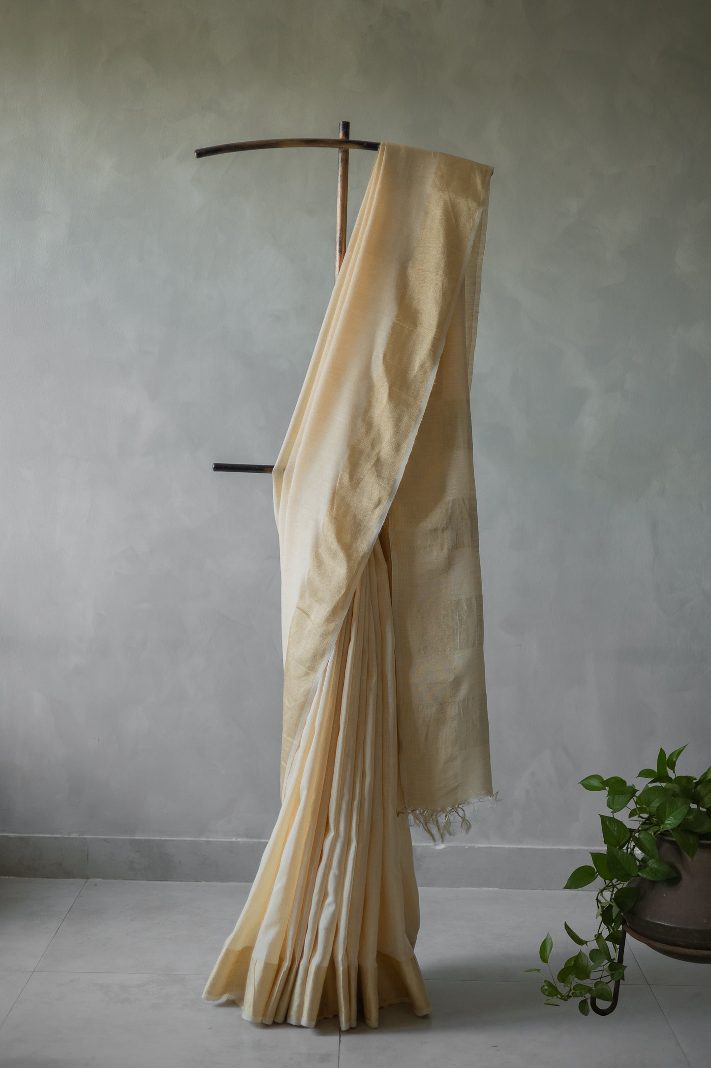 Off White Tussar muga Plain Body with Gold Border Saree