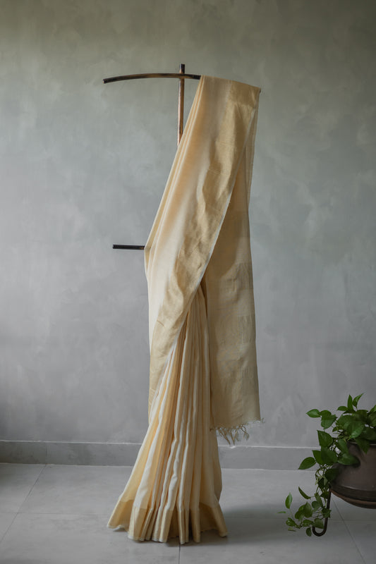 Off White Tussar muga Plain Body with Gold Border Saree