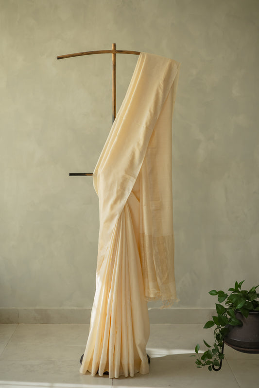 Off White Tussar Muga with Gold and Silver Border Saree
