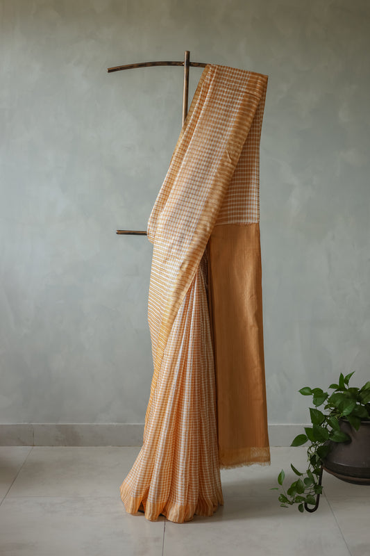 Light Brown Tussar Muga All Over Missing Checks with Plain Pallu Saree