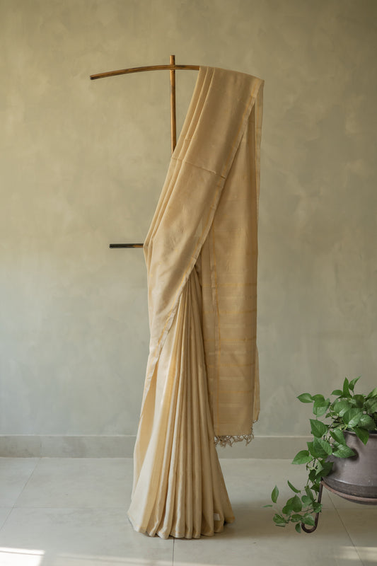 Beige Tussar Muga with Gold and Silver Diamond Motif Saree