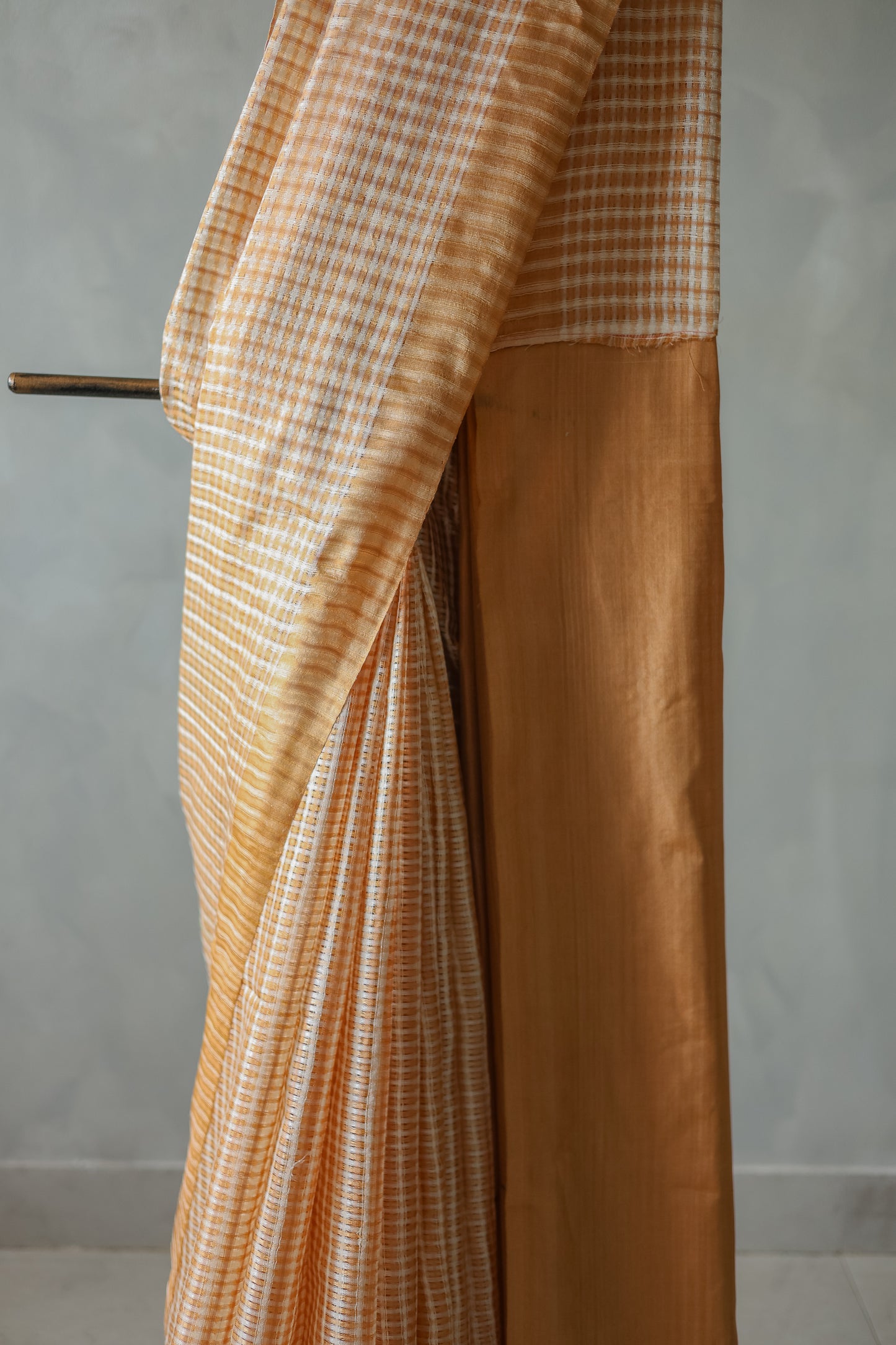 Light Brown Tussar Muga All Over Missing Checks with Plain Pallu Saree