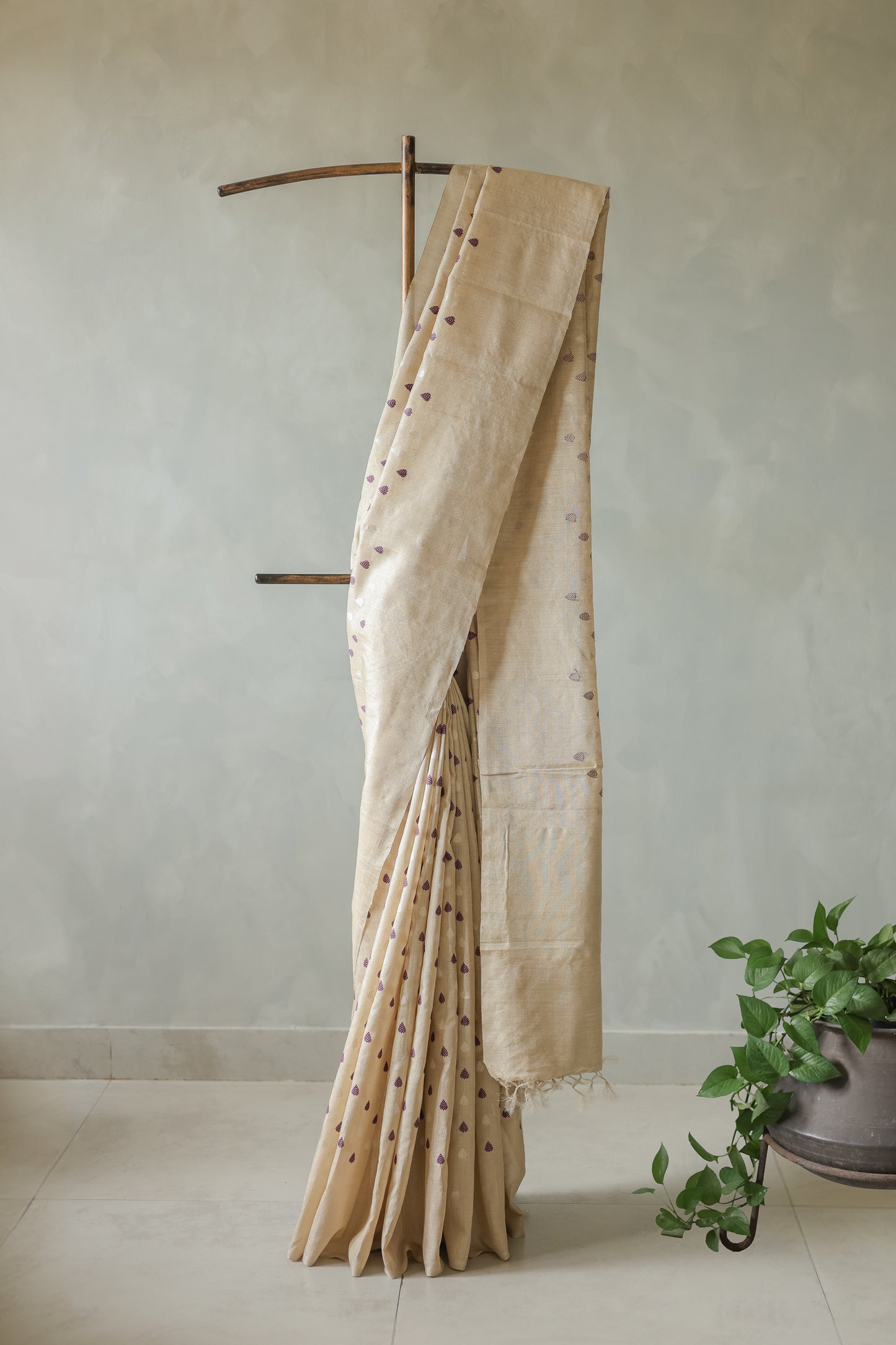 Beige Tussar Muga Tissue with Purple and White Leaf Motif Saree