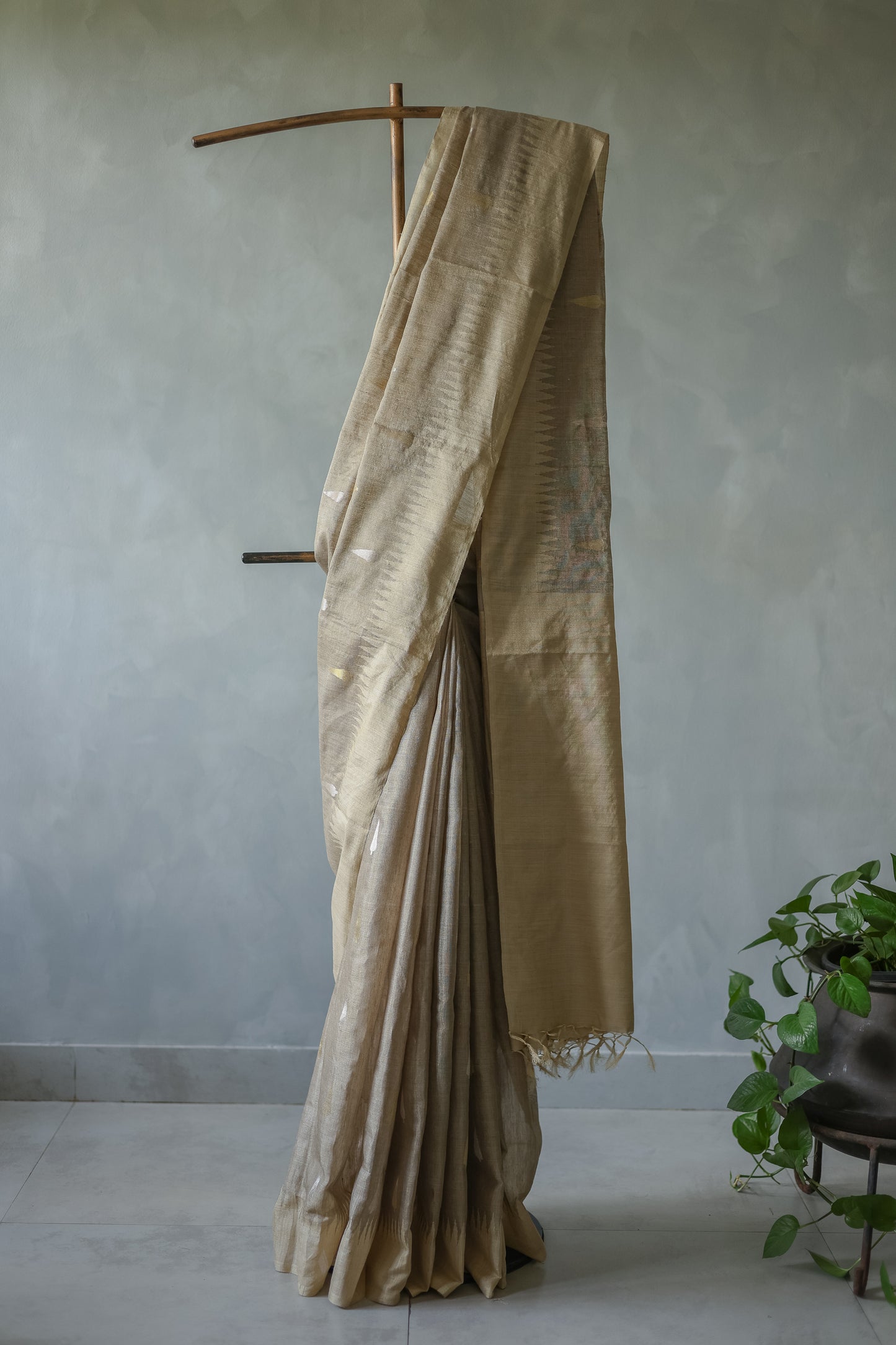 Light Brown Tussar Moonga Tissue with Leaf Motif Saree