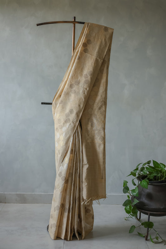 Light Brown and Gold Tussar Moonga Tissue Hexagon Motif Saree