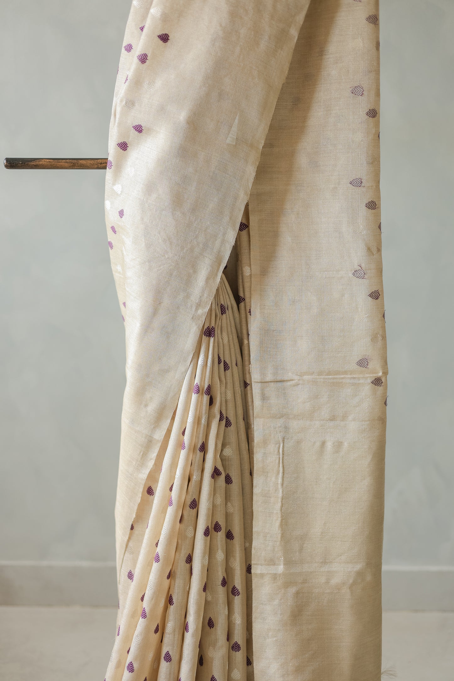 Beige Tussar Muga Tissue with Purple and White Leaf Motif Saree