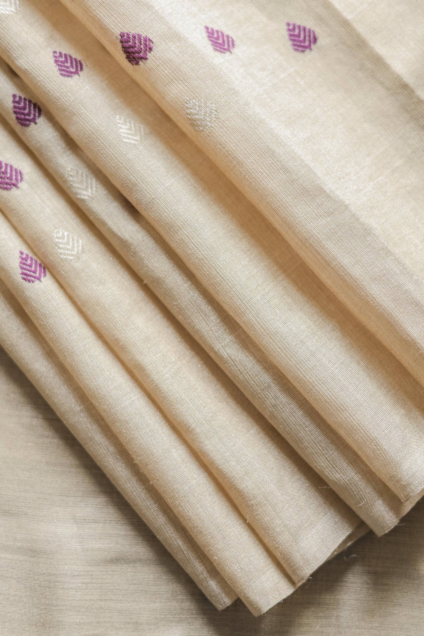 Beige Tussar Muga Tissue with Purple and White Leaf Motif Saree