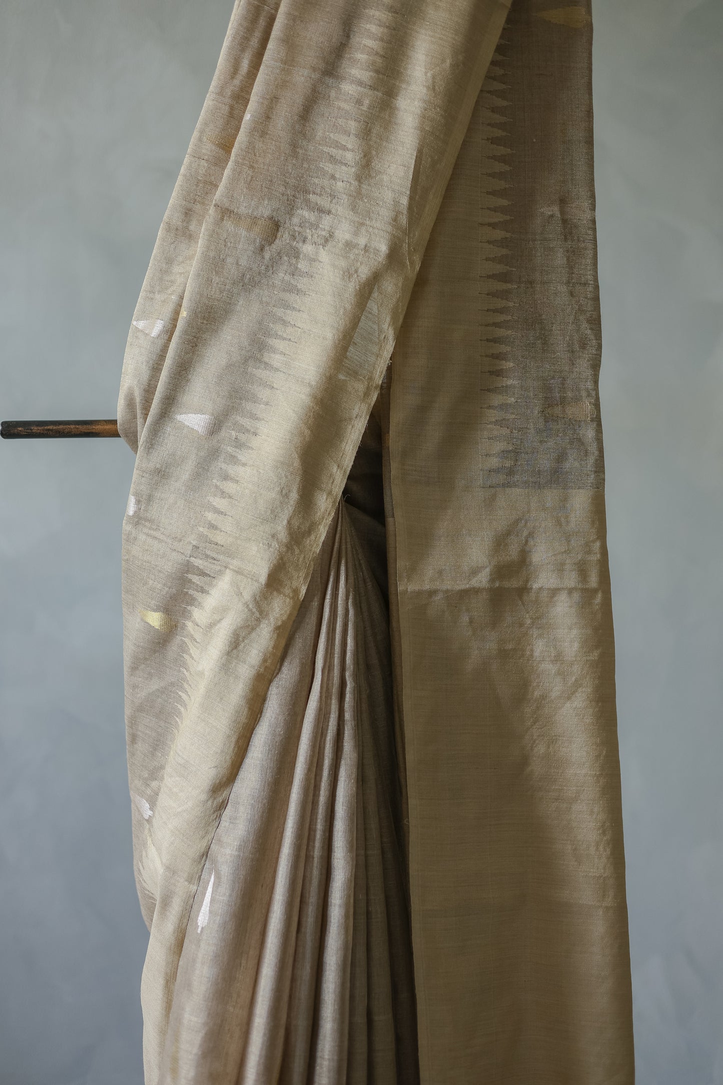 Light Brown Tussar Moonga Tissue with Leaf Motif Saree