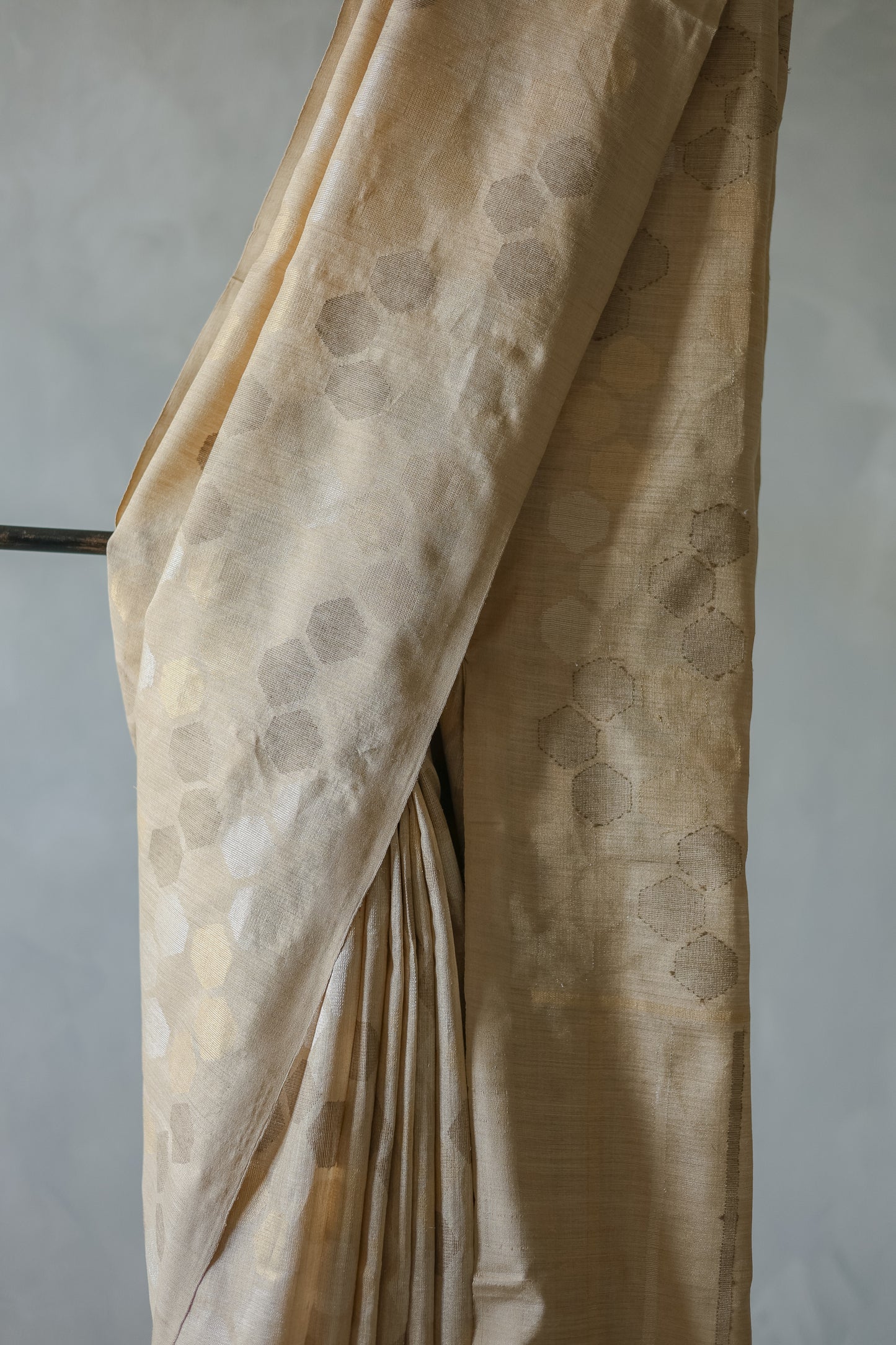 Light Brown and Gold Tussar Moonga Tissue Hexagon Motif Saree