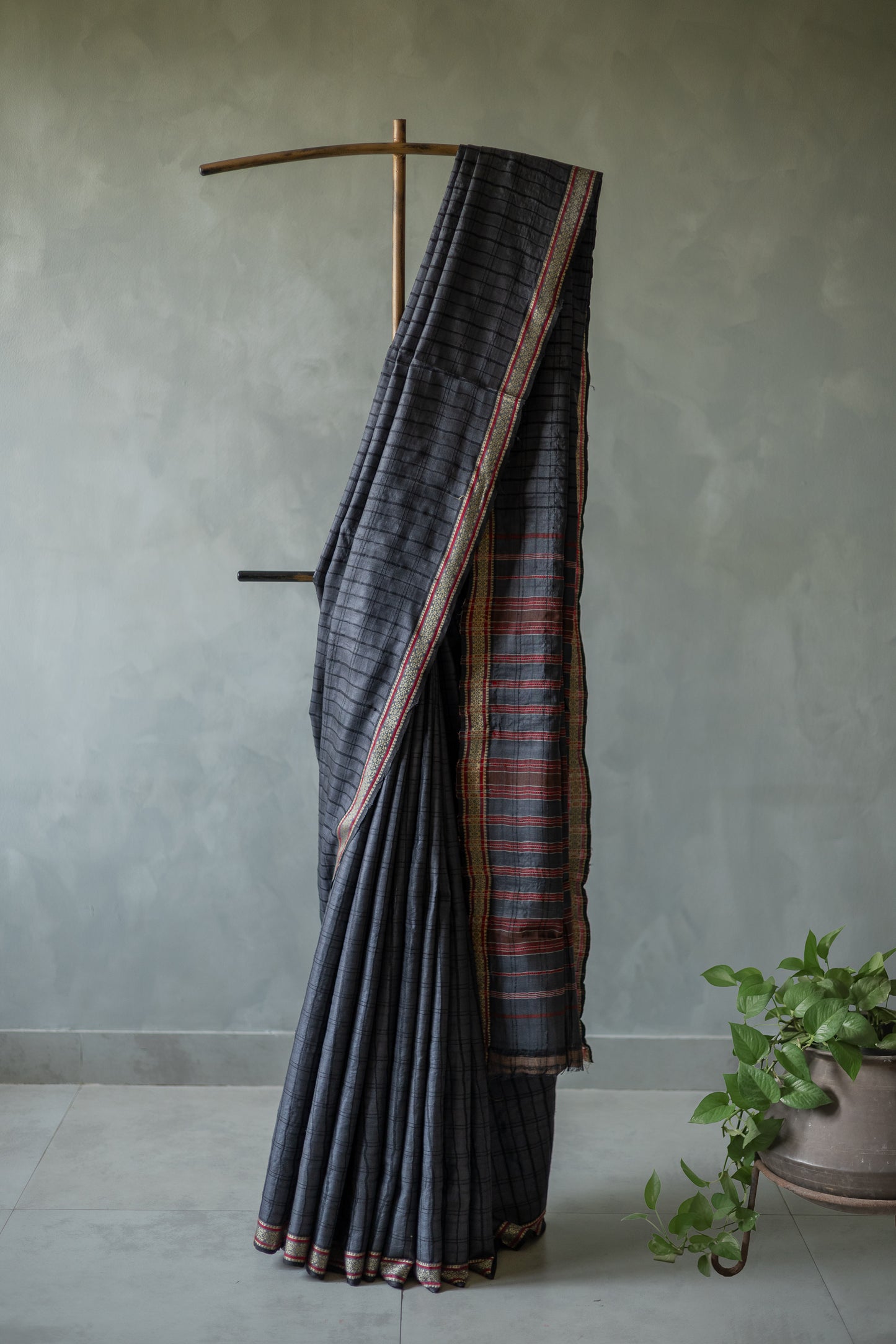 Black Tussar Silk with All Over Checks and Thin Border Saree