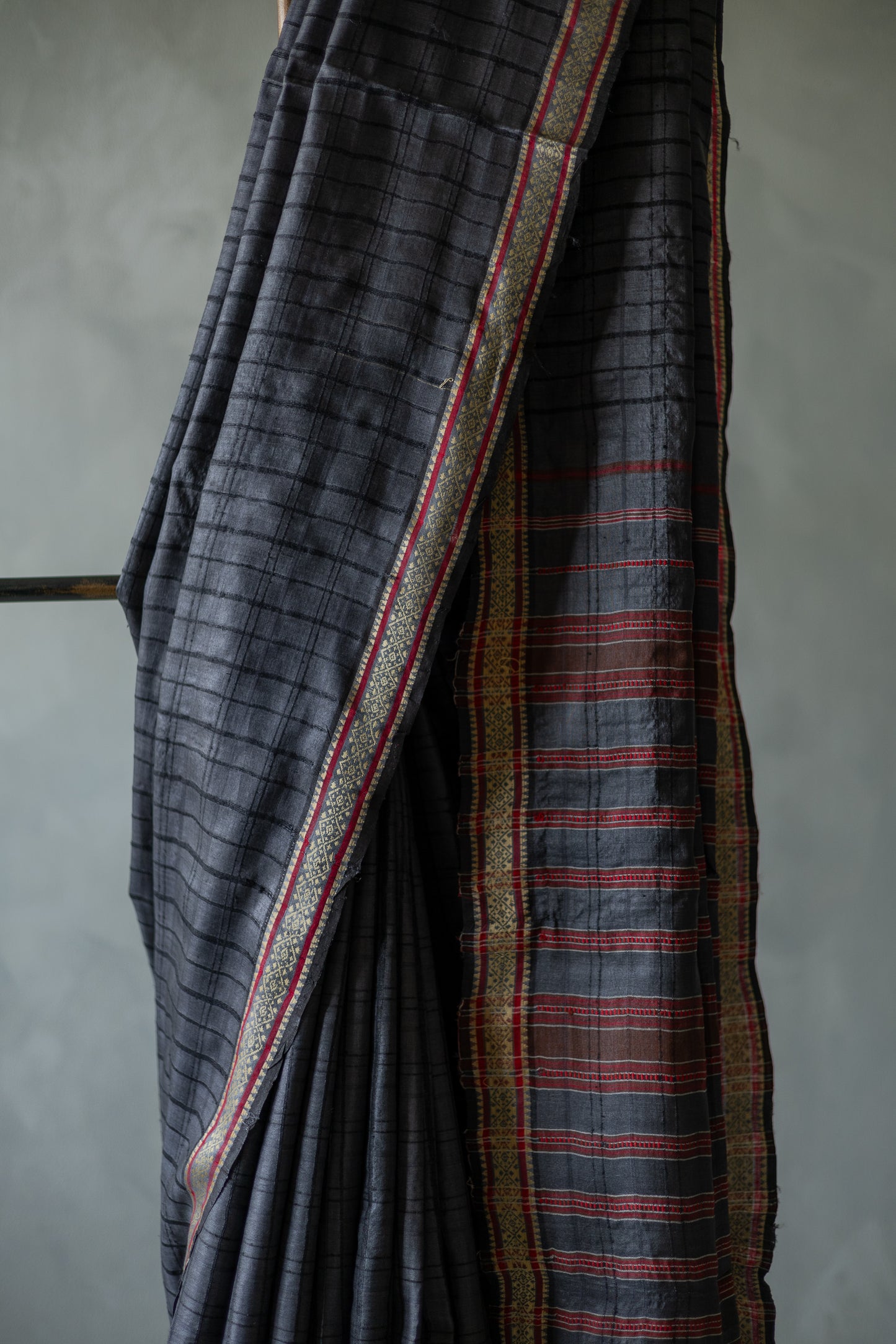 Black Tussar Silk with All Over Checks and Thin Border Saree